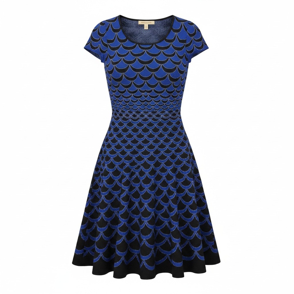 Diane von Furstenberg Metallic Scallop Knit Skater Dress P/XS Jacquard Mermaid
